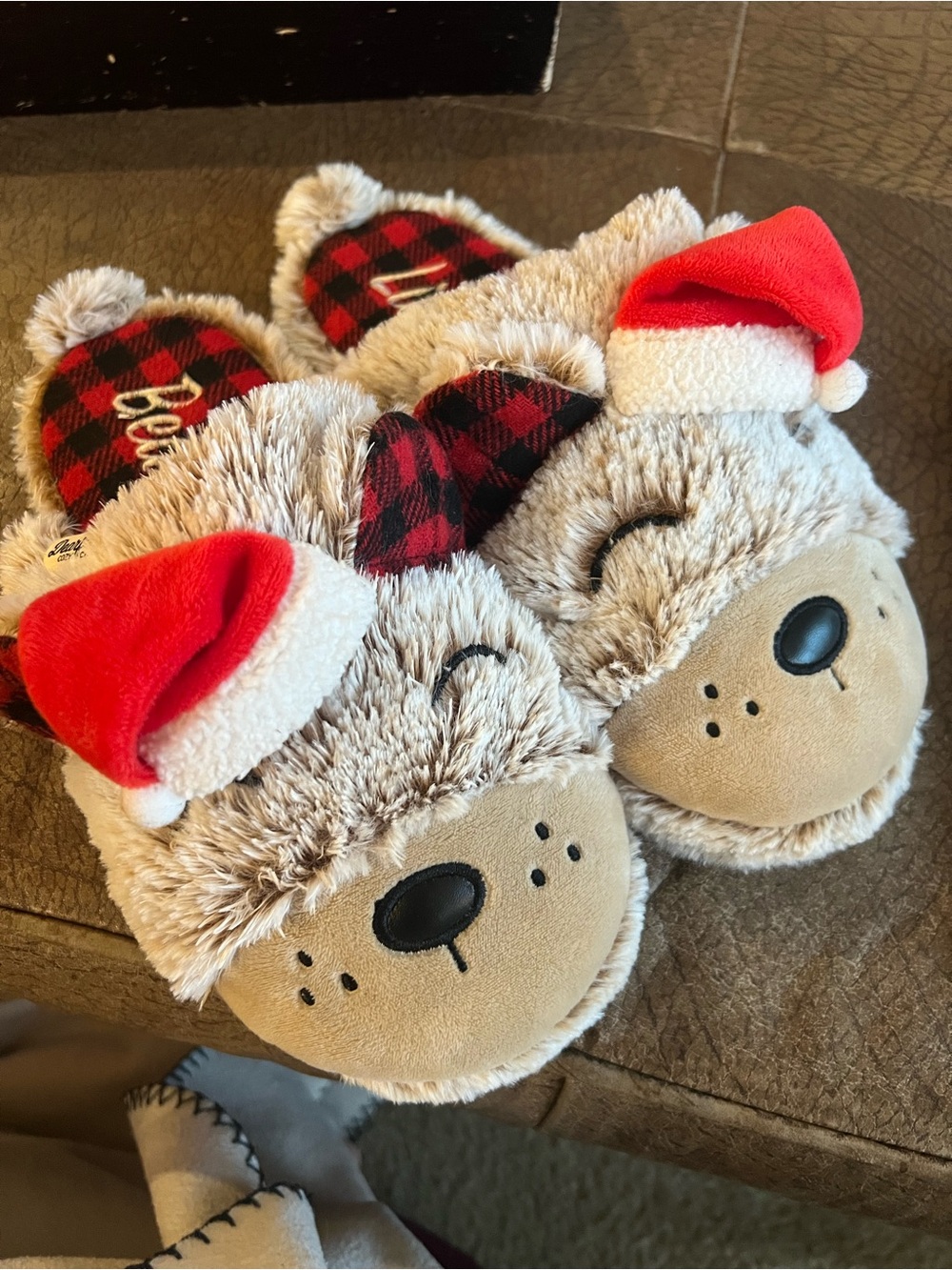 Bear Christmas Slippers with Red Santa Hat - Cozy Holiday Footwear